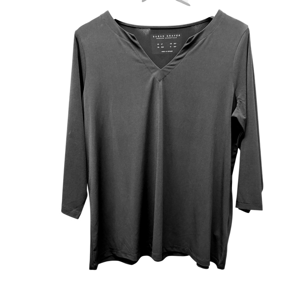 Susan Graver Modern Essentials Black Liquid Knit Split V-Neck Top Petite Large‎